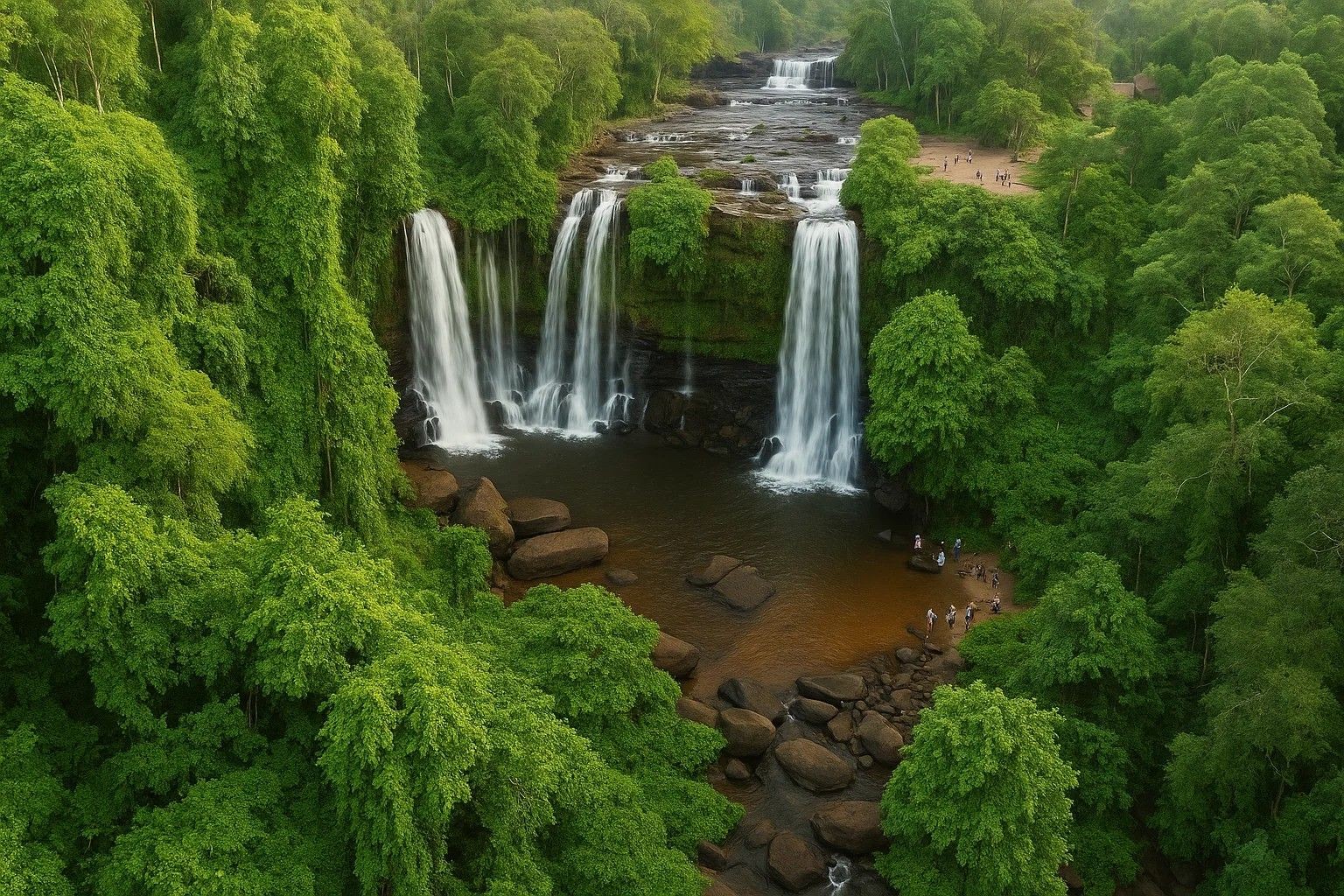 Aerial view of a waterfall cascading into a pool surrounded by lush green forest with people nearby.